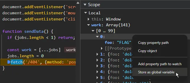 Screenshot of the Chrome DevTools debugger. Debugger is paused on a "fetch" function call. The Scope pane is visible with an object with key "foo" and value "FLAG". A context menu is open on the value, with the option "Store as global variable" highlighted.