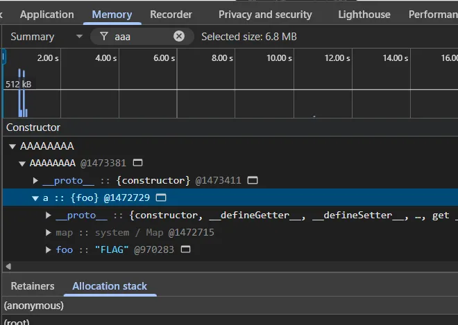 The text "aaa" has been written to the "Filter By Class" input element. The previously full list of results now contains only one result: "AAAAAAAA". The item has been expanded to reveal an object with the key "foo" with value "FLAG". Below, a tab titled "Allocation stack" shows that the object was created in an anonymous function.