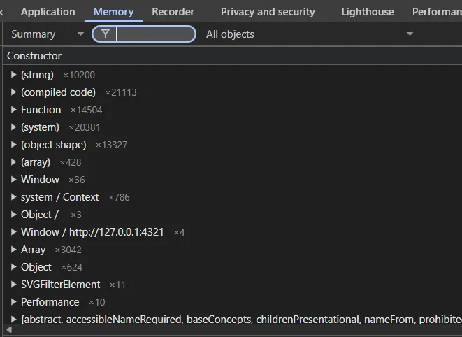 In the Chrome DevTools Memory tab, an unfiltered allocation timeline profile is shown. The results show many different constructors, each with tens of thousands of objects. The "Filter By Class" input element is in focus.
